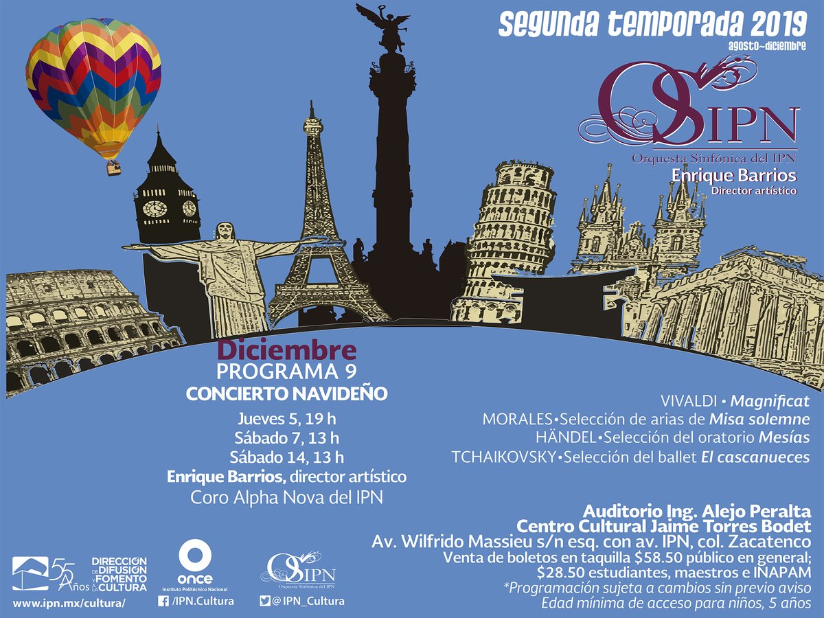 #2daTempOSIPN2019 PROGRAMA 9: #ConciertoNavideño. #OSIPN con #EnriqueBARRIOS, director artístico. <a href="/CoroAlphaNova/">Coro Alpha Nova IPN</a> del <a href="/IPN_MX/">IPN</a>.

#VIVALDI | #MORALES | #HANDEL | #TCHAIKOVSKY.

📆 Diciembre/05, 07 y 14. 📍 #AIAP del #CCJTB. 🎟️ #BoletosEnTaquilla.

#ElPoliTambiénEsCultura.