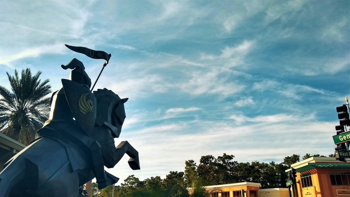 UCFadmissions's tweet photo. There are a lot of fantastic Knights on campus, but the statue by the #UCF Alumni Center is particularly captivating! It serves a perfect reminder to always be charging on! #ExploreUCF https://t.co/m7udKeRpi1