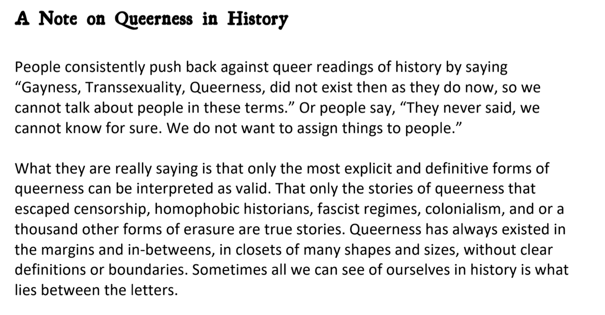 I write in the introduction to this game about how we understand queerness history and how our desire to have un arguable queer stories can cause us to dismiss queer history. In my game I ask for your sympathy for unlabeled or inexplicit queerness. I think its worth a read.