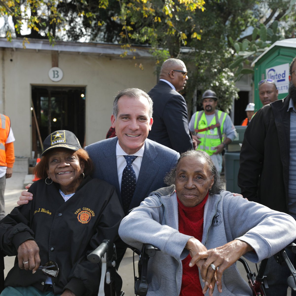 MayorOfLA's tweet photo. Breaking ground on Casa de Rosas, a #PropHHH-funded site that will soon welcome homeless veterans indoors.

This is just one of 149 supportive housing projects already open or in the pipeline to help confront the homelessness crisis. https://t.co/pD25GRllfA
