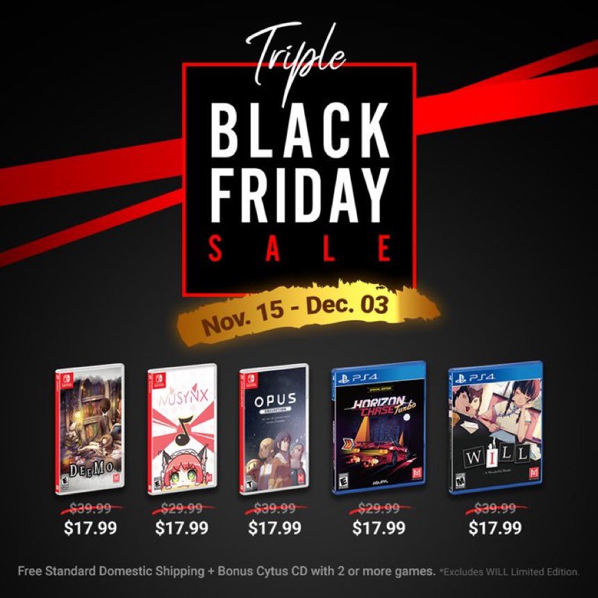 PMStudiosUSA's tweet photo. The PM Studios #BlackFriday sale is about to end! Free Shipping + Bonus CD Gift over two units!
These deals won't come back!😮

https://t.co/ht1ime9nKH

@Horizon_Chase @sigonogames  #SwitchCorps #PS4 #NintendoSwitch #BlackFriday2019 #Sale #Deemo #HorizonChaseTurbo
#OpusCollection https://t.co/kiIkgBD76M