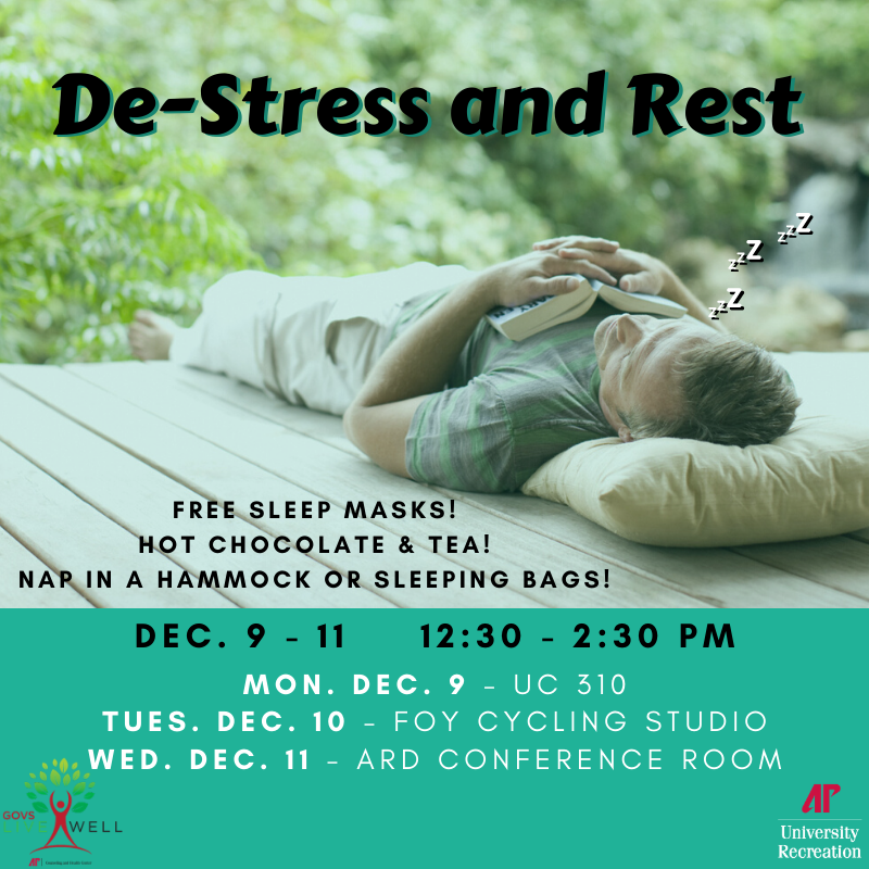 APSUFoyCenter's tweet photo. Need to take a break and de-stress from your finals? Come by and hang out while enjoying free sleep masks, & hot chocolate or tea! ๐ตIf you want to ace the test, it's important to take time to de-stress!๐ค @apsuhealthandcounseling #fitgovs #de-stressandrest #apsugovs https://t.co/N6rAqFKvVH