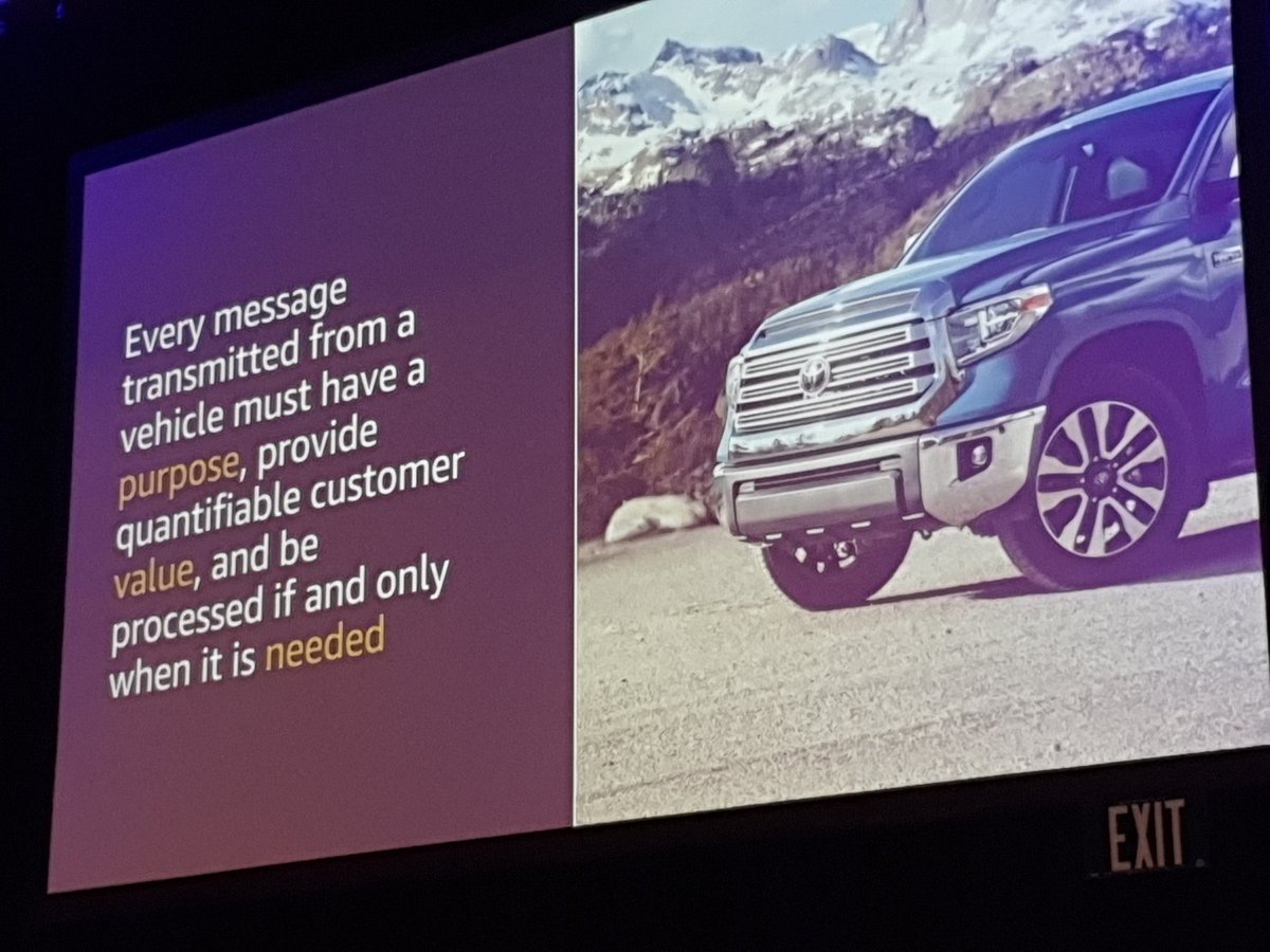AWSEvents's tweet photo. Toyota's @BrianKursar explains that "one of the great things about AWS is it gives us options". These options have helped Toyota to scale economically by eliminating waste using #Serverless. He likens it to no longer having to buy an entire parking lot for one car. #reInvent https://t.co/3gxcJUdSh8
