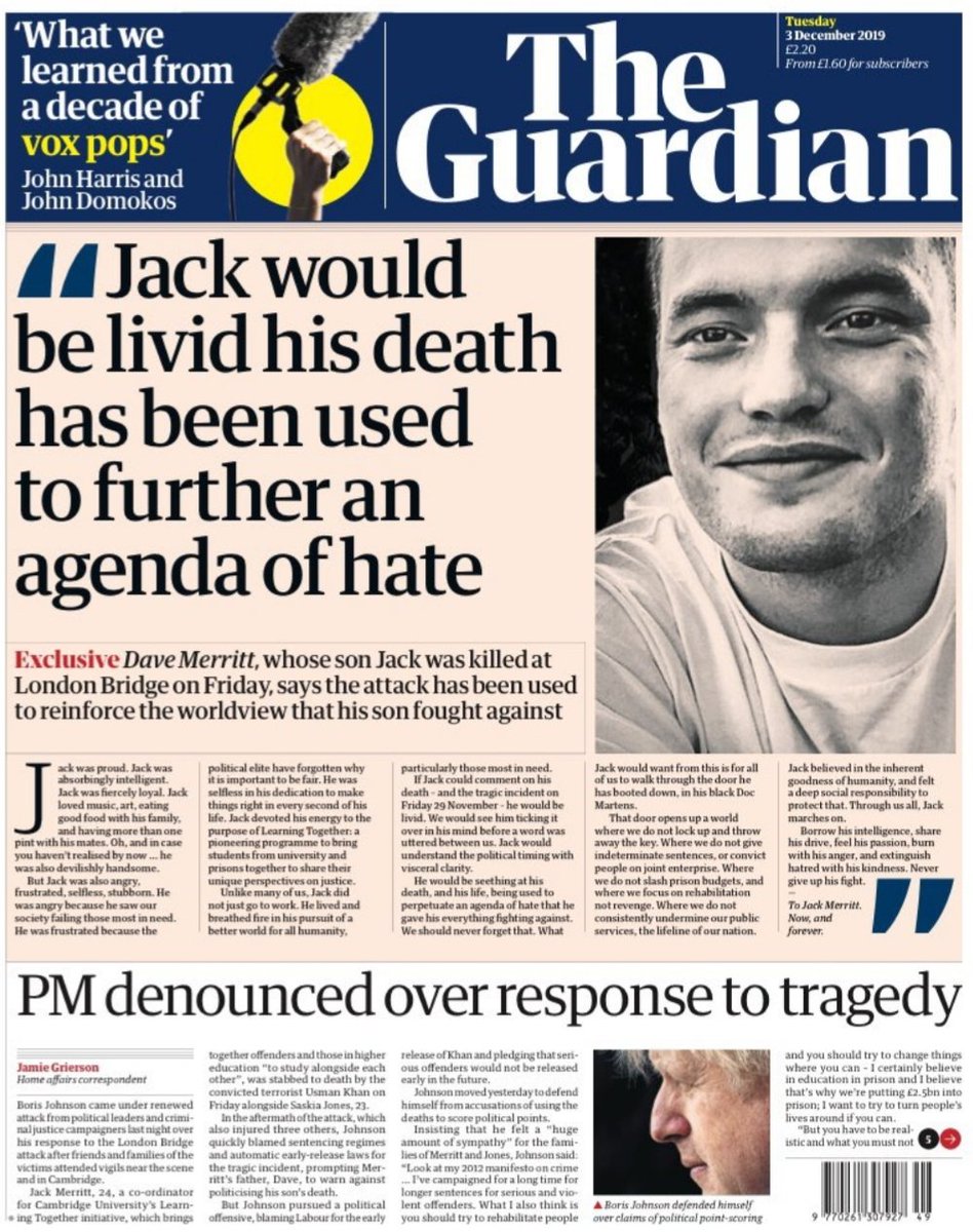 Great to see this front page from @guardian tomorrow

Reminds me of Michelle Obama's 'when they go low, we go high'

#LondonBridgeAttack #JackMerritt #SaskiaJones