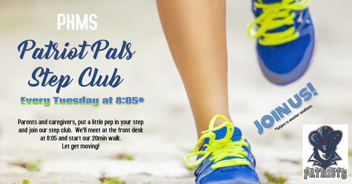PHMSPatriots's tweet photo. Parents and caregivers,  here are our upcoming events at the Parent and Family Center. Also, beginning tomorrow we'll be starting our Patriot Pals Step Club. Let's get moving! Join us every Tuesday at 8:05 at the front desk. https://t.co/KHsj083VTQ