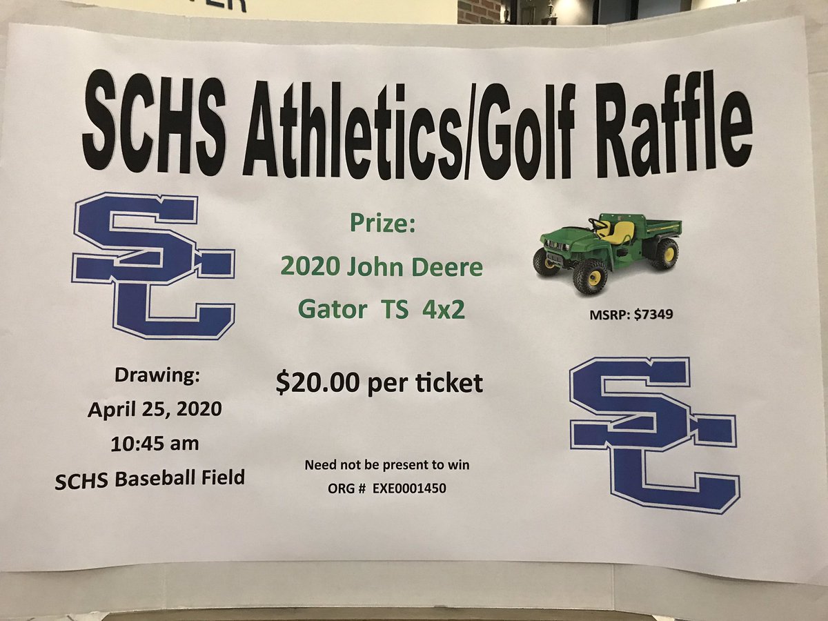 coach_marksbury's tweet photo. Get your tickets for the 2020 John Deere Gator.   Only 1000 tickets sold get them at most athletic pr community events or call the high school.   @TheSCden @SCHSBear https://t.co/w3RZOqe0xE