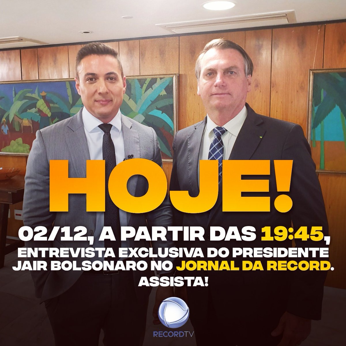 SeriesRecordtv's tweet photo. *EXCLUSIVO* : Jornal da Record estreia HOJE (02/12) EM NOVO HORÁRIO e *exibe entrevista exclusiva com Jair Bolsonaro.* Presidente rebate declarações de Bebianno e afirma que sofreu pressão para demitir Paulo Guedes https://t.co/egDAzqFydR