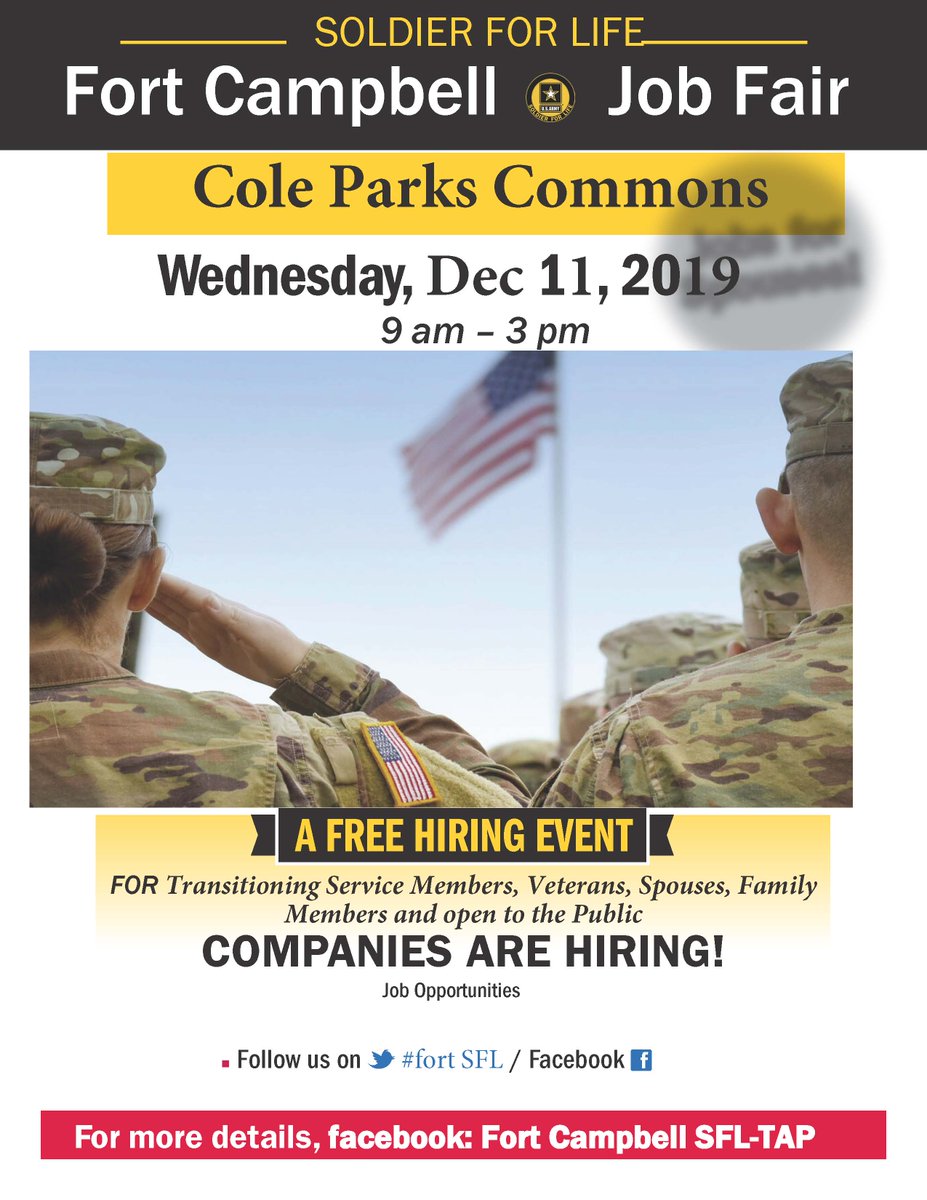 FortSfl's tweet photo. Soldier for Life-Transition Assistance ProgramThe Fort Campbell Winter Job Fair- see complete list of all employers that will be at Cole Park Commons on December 11th from 0900-1500 https://t.co/MaOKUvlsJG