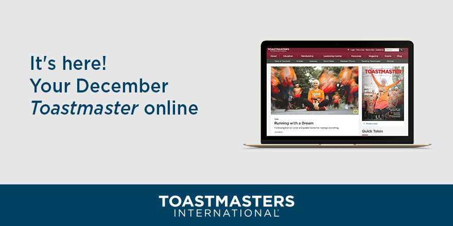 Toastmasters's tweet photo. This month, view photos of a trailblazing Bosnian runner, listen to a podcast interview with a Canadian surgeon, learn to say Happy Holidays in Toastmasters’10 languages, and watch a video on storytelling basics.  
https://t.co/aulxbFO85w https://t.co/jzAZFp488g