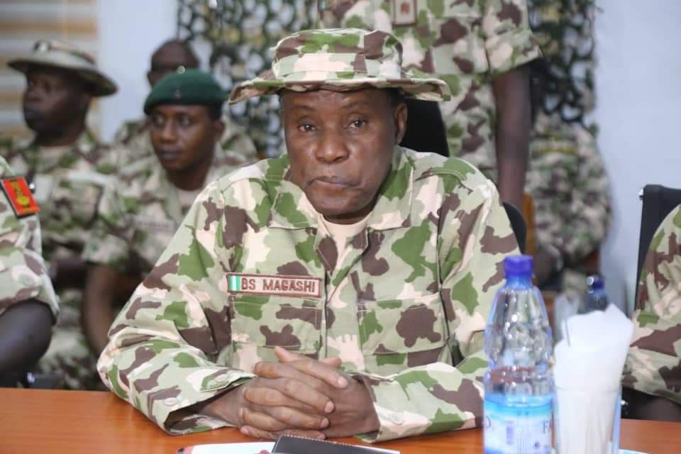 GenMagashi's tweet photo. The Minister of Defence, Maj Gen Bashir Salihi Magashi (rtd) was on his maiden Operational visit to the Theatre Command Operation LAFIYA DOLE where he was briefed by the Theatre Commander, Operation LAFIYA DOLE Maj Gen OG Adeniyi on the state of the operation. https://t.co/yKLlVcW7iN