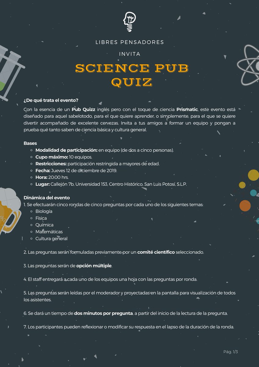 riego_lina's tweet photo. #SLP
Actividad de cierre de año de @PRISMATIC_MX en su #NocheDeLibresPensadores... ¡#SciencePubQuiz en @callejon7b!
¿Ya se registraron? 🤔
👀 Los premios están muy buenos. 🍻
💥 Miércoles 4 dic, límite para registrarse y pagar.
Formen un equipo y ¡anímense a participar!
👇 https://t.co/MNqpVNUeTz