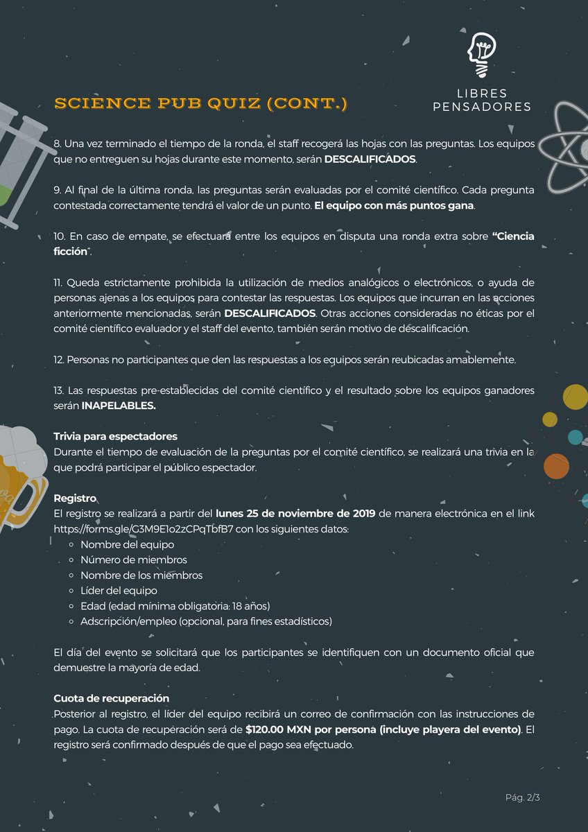riego_lina's tweet photo. #SLP
Actividad de cierre de año de @PRISMATIC_MX en su #NocheDeLibresPensadores... ¡#SciencePubQuiz en @callejon7b!
¿Ya se registraron? 🤔
👀 Los premios están muy buenos. 🍻
💥 Miércoles 4 dic, límite para registrarse y pagar.
Formen un equipo y ¡anímense a participar!
👇 https://t.co/MNqpVNUeTz