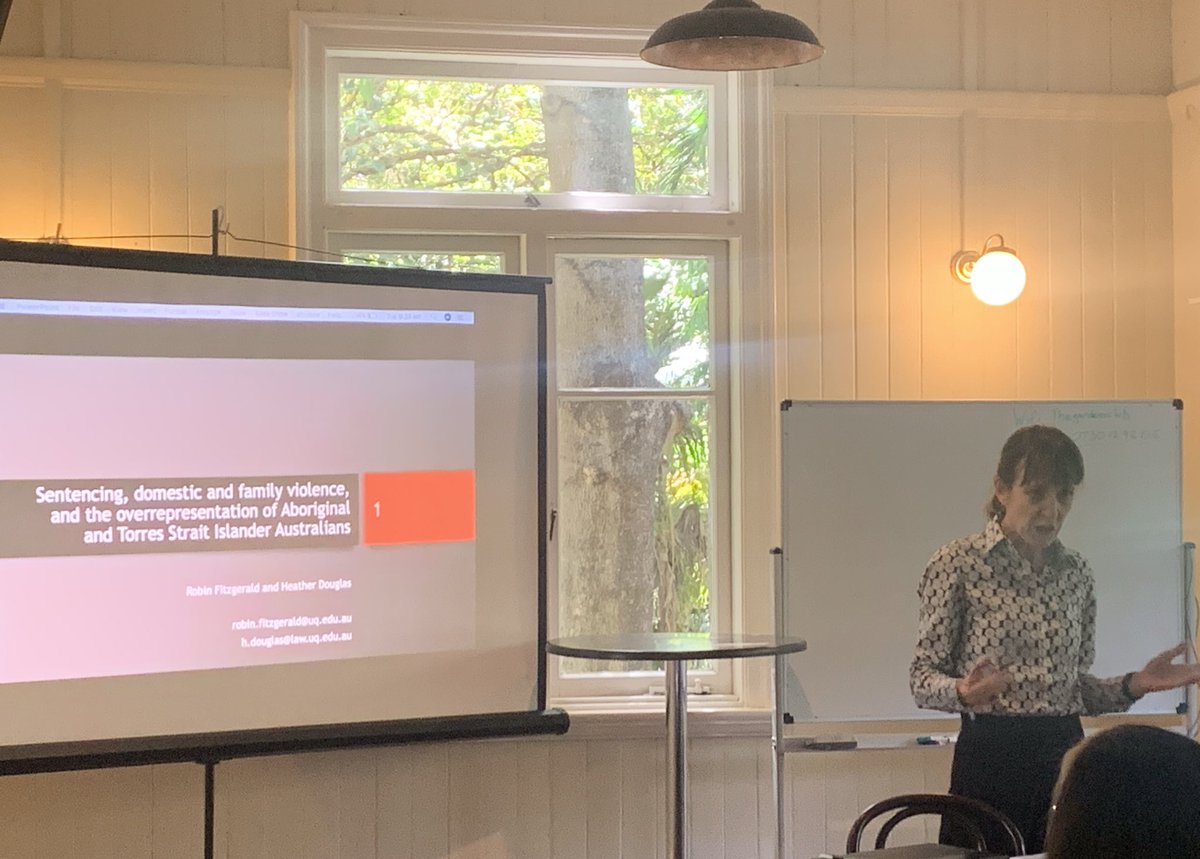DrBridgetHarris's tweet photo. One of my favourite Profs - @HDouglasLaw - &amp; Robyn Fitzgerald deliver a powerful paper on #sentencing, #DomesticViolence &amp; the overrepresentation of Indigenous Australians; considering if #court location matters #PostcodeJustice @CrimeJusticeQUT @CarringtonKL https://t.co/2xVK1WftV1