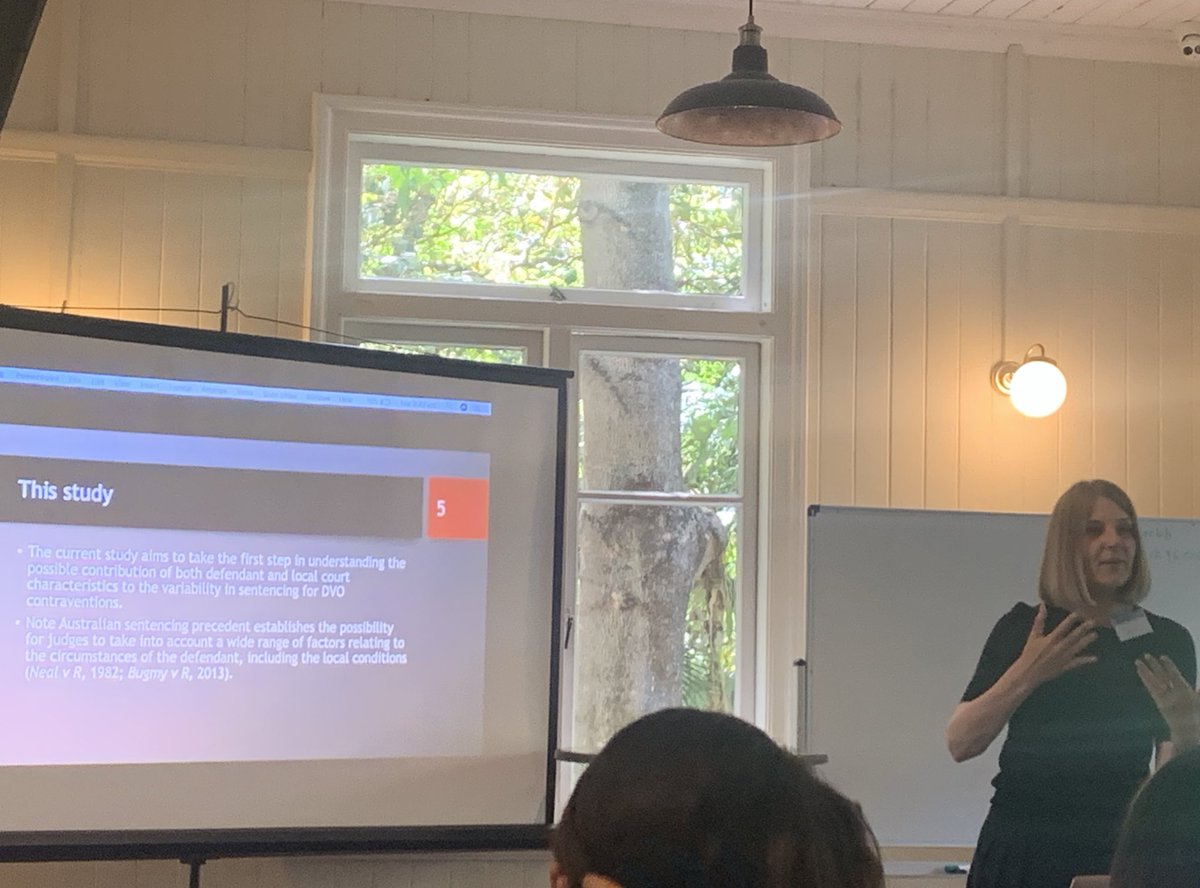 DrBridgetHarris's tweet photo. One of my favourite Profs - @HDouglasLaw - &amp; Robyn Fitzgerald deliver a powerful paper on #sentencing, #DomesticViolence &amp; the overrepresentation of Indigenous Australians; considering if #court location matters #PostcodeJustice @CrimeJusticeQUT @CarringtonKL https://t.co/2xVK1WftV1