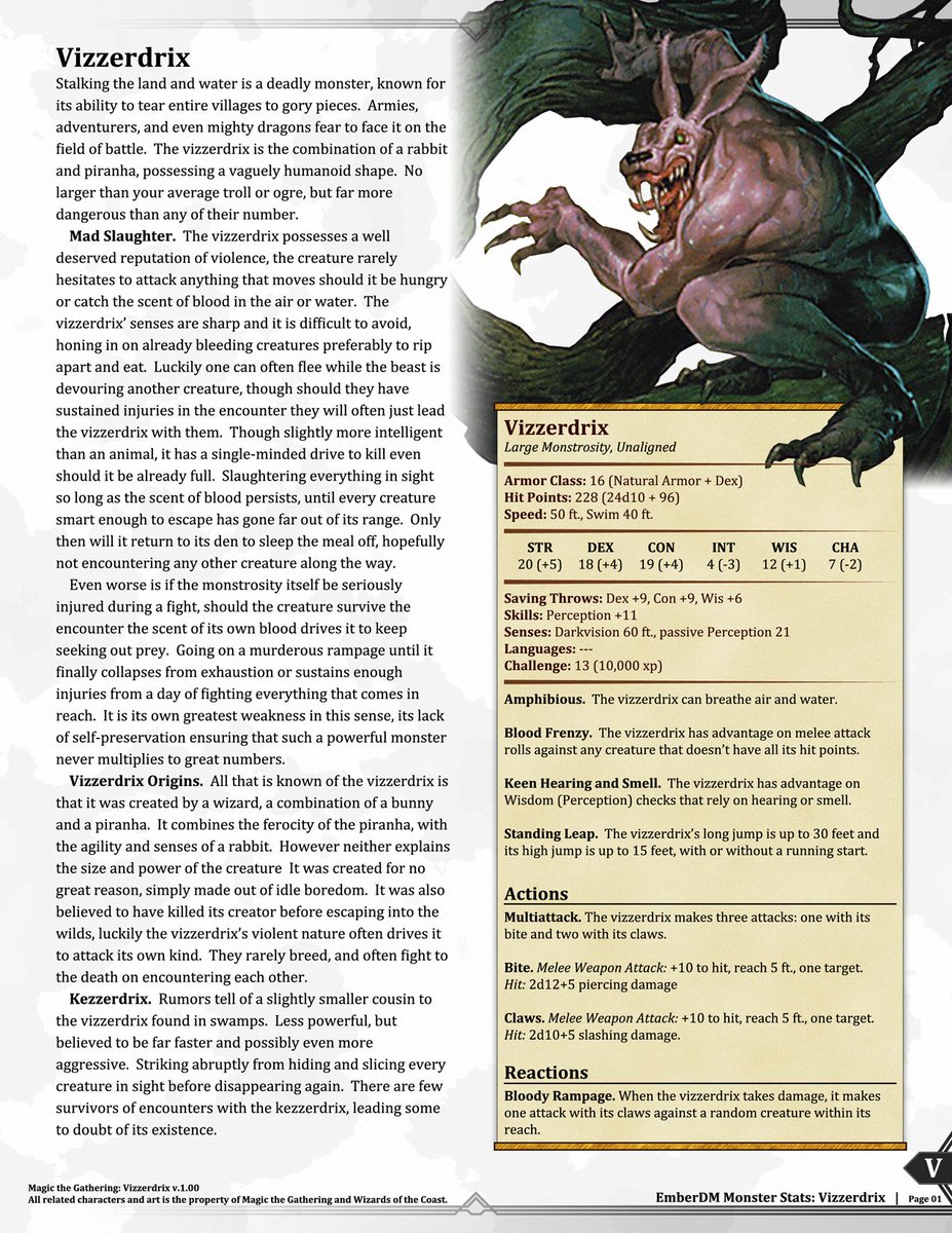 ember_dm's tweet photo. Magic the Gathering: Blue D&amp;D Stats

Finally we have 5 Blue Mana 5e Monster stats.  Drakes, Aquatic Life, and my favorite... the Vizzerdrix! https://t.co/NGweB449A0
