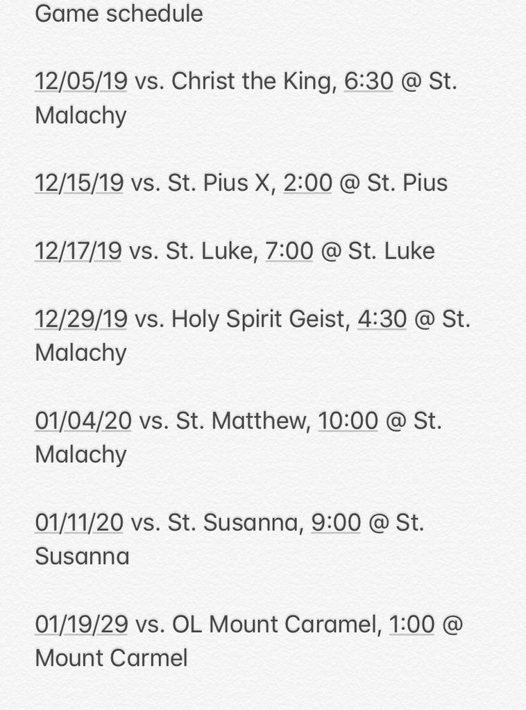 MalachySaint's tweet photo. Official game schedule for the senior CYO St. Malachy shamrocks! The rox are unofficially ranked 1st in division 1 😤🏀☘️ #beattigers https://t.co/XkyEnROICT