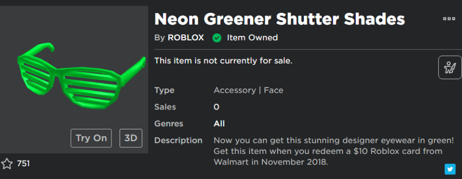 Ivy On Twitter Wow Looks Like A Ugc Creator By The Name Of Roblox Has Just Copied Roblox S Neon Greener Shutter Shades Putting The Rare Classic At A Ridiculously Cheap 123 R - shutter shades roblox