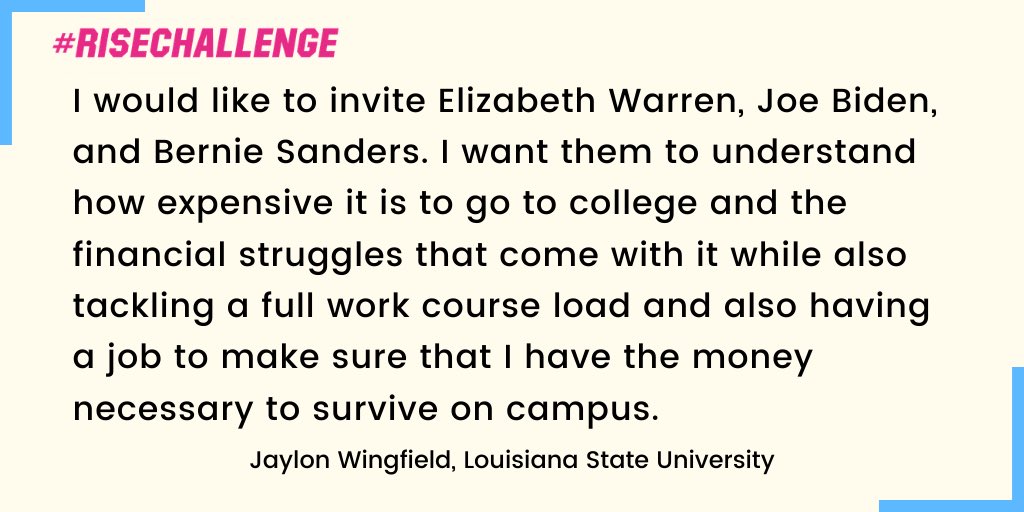 Students like @jbwing_5 want to share their stories with presidential candidates who are willing to listen.🗣 

@Ewarren will you come to @LSU and see what it’s like to juggle a full work courseload and a job?📚
#RiseChallenge✨