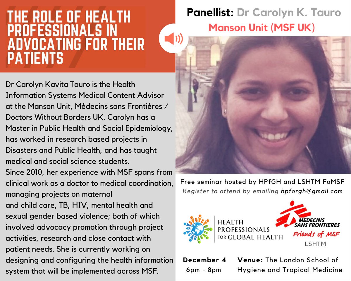Our final speaker is from <a href="/MSF_uk/">MSF UK</a>'s #MansonUnit – <a href="/ck_tauro/">Carolyn Kavita Tauro</a>, who will be joining us <a href="/LSHTM/">London School of Hygiene & Tropical Medicine</a> to talk about the <a href="/MSF_access/">MSF Access Campaign</a> campaign, and her expertise on advocating for patients. Live streaming the event for those unable to join you can follow our panel + tweet us #Advocacy4Health.