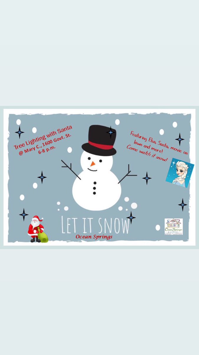 Did I hear it was going to SNOW during the Tree Lighting event in Ocean Springs on Thursday? 6-8 pm on grounds of the Mary C #oceansprings #bygollybejollyoceansprings #ILoveOS #oceanspringschamber #oceanspringstourism