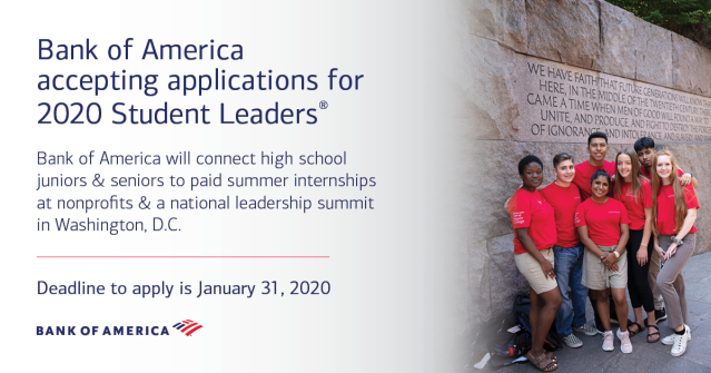 Applications are now open for 2020 #BofAStudentLeaders. If you know community-minded high school juniors and seniors have them apply now through 1/31/20. bit.ly/2qXNLM9