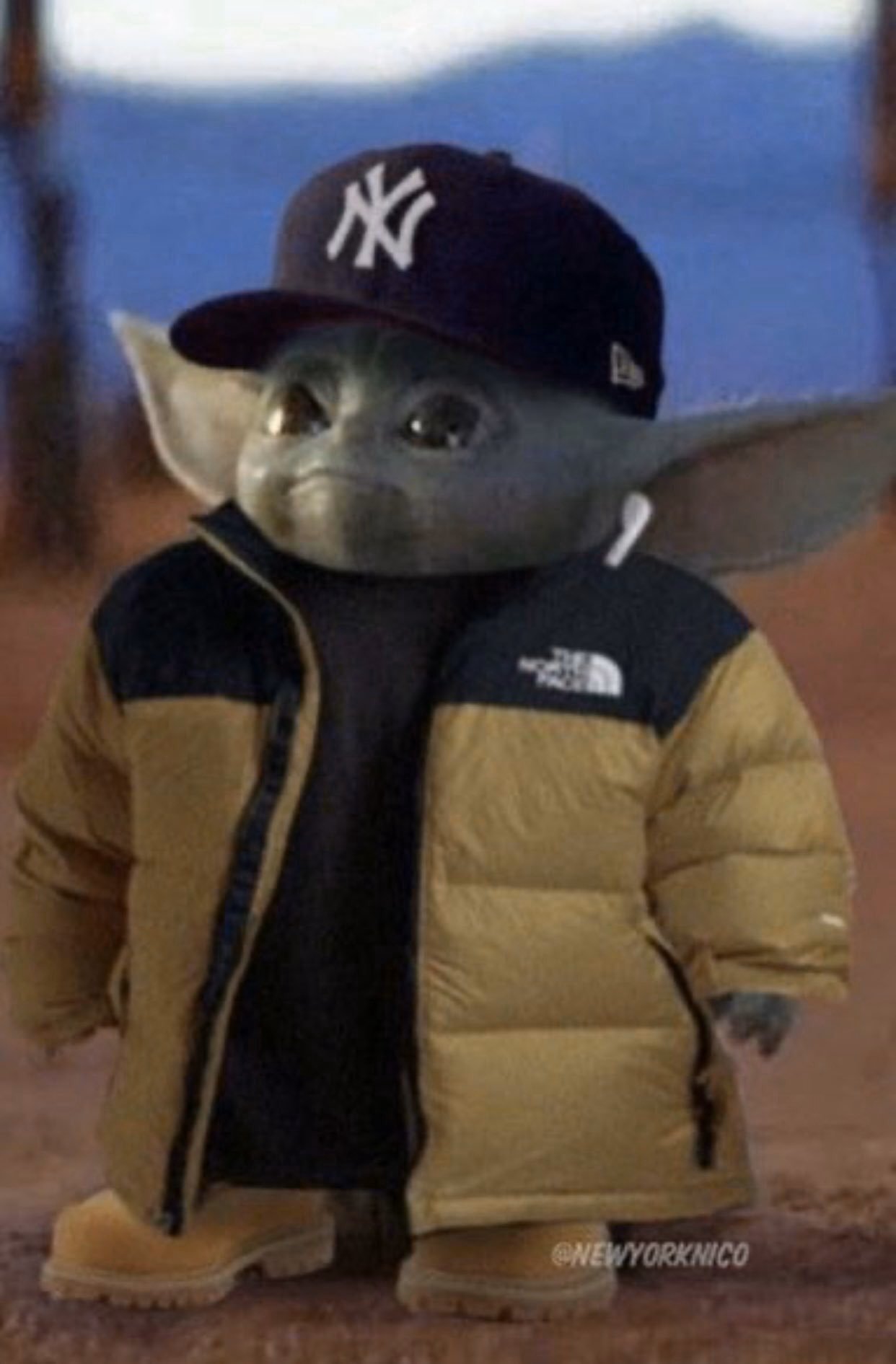 Ultra on X: @chaselyons normal yoda: absolutely no drip baby yoda:  airpods, timbs, Yankees hat, north face puffy coat drippin 💦💦💦   / X