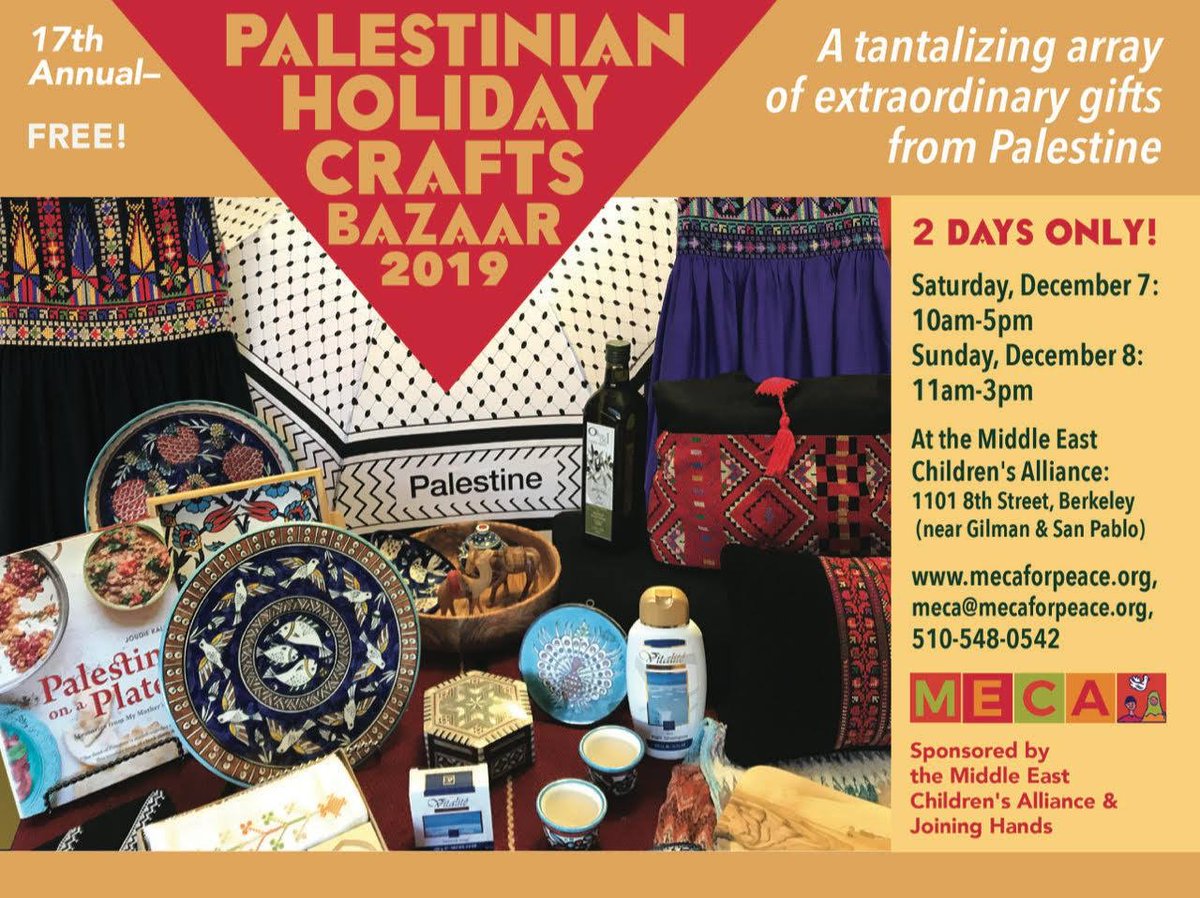 MECAForPeace's tweet photo. Have you already gotten your favorite products from #ShopPalestine at https://t.co/eEshKA69Rf with our #CyberMonday offer? If not, we would love to see you at the upcoming Palestinian Holiday Crafts Bazaar 2019 on December 7-8!
#ShopPalestine
#ShoprForACause
#MECAforPeace https://t.co/E1vaEjP11W