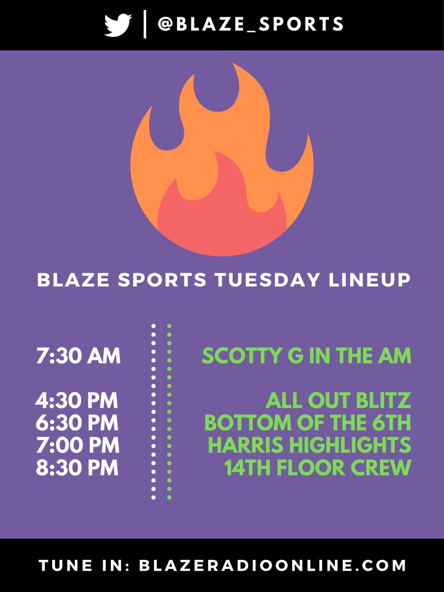 Blaze_Sports's tweet photo. Blaze Sports // 12/3
Tuesday Show Lineup

⛅ @SGinthemorning

☀️ @AllOutBlitzASU @BOT6th

🌑 @TheHHShow_ @14thFloorCrew

LISTEN: https://t.co/6cDg9B0ebU https://t.co/iOwdCK9Ike