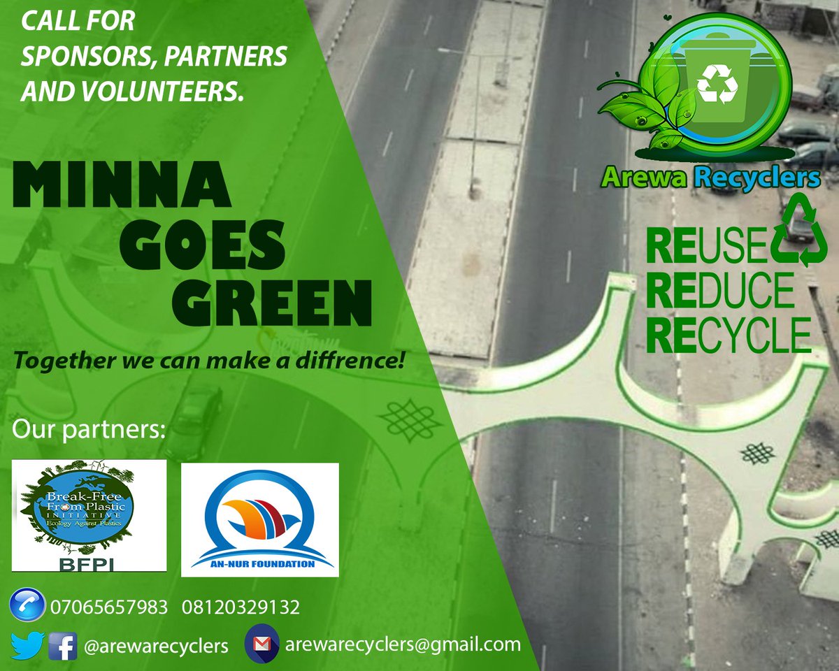 ArewaRecyclers (Creating value from waste) (@arewarecyclers) on Twitter photo We are open to PARTNERSHIP/SPONSORSHIP.
We are also requesting for VOLUNTEERS.
Side Attraction, Free T-shirts, Snacks, Drinks and lots more.
Date December 14th & 15th.
Call us on 07065657984. Pls Rt & tag your connection.
#MinnaGoesGreen
<a href="/NigerStateNG/">Niger State Gov't</a> <a href="/ssgnigerstate/">SSG NIGER STATE</a> <a href="/FMEnvng/">Environment Ministry</a> We are open to PARTNERSHIP/SPONSORSHIP.
We are also requesting for VOLUNTEERS.
Side Attraction, Free T-shirts, Snacks, Drinks and lots more.
Date December 14th & 15th.
Call us on 07065657984. Pls Rt & tag your connection.
#MinnaGoesGreen
<a href="/NigerStateNG/">Niger State Gov't</a> <a href="/ssgnigerstate/">SSG NIGER STATE</a> <a href="/FMEnvng/">Environment Ministry</a>
