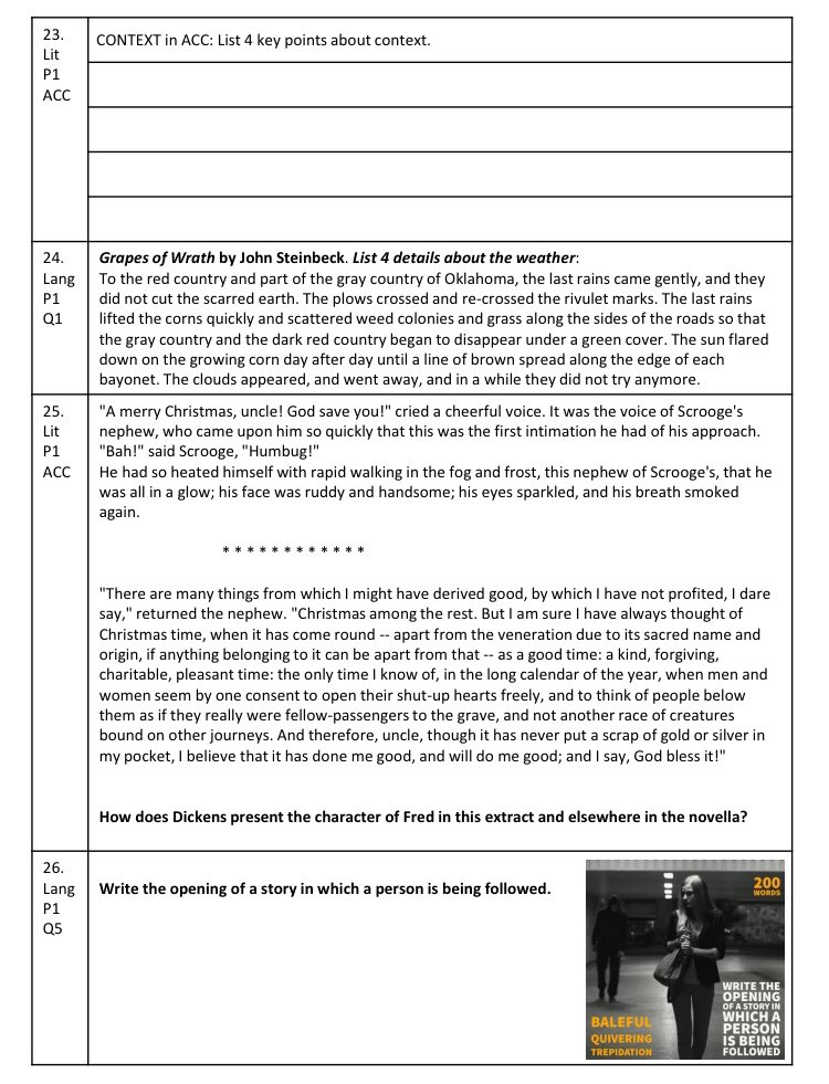 Mathew_Lynch44's tweet photo. Day 3: adapted from a resource shared by @evenbetterif here’s a booklet of Lang and Lit exam practice tasks like so. I used the tasks in tutor time. Help yourself 😊 https://t.co/Tzuxzlz9BN https://t.co/PhSZaIqAG8