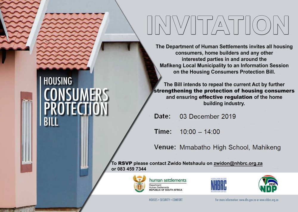 Mahikeng LM (@mahikenglm) on Twitter photo #REMINDER:
Today's Housing Consumers Protection Bill information session at Mmabatho High SCHOOL begins at 10:00.
#comeonecomeall
#HumanSettlements #NHBRC
#Houses #Security #Comfort #MHS
<a href="/The_DHS/">Department of Human Settlements</a> <a href="/NHBRC/">NHBRC</a> <a href="/NorthWestZA/">North West ZA</a> @NW_LGHS @NWPGov @Human #REMINDER:
Today's Housing Consumers Protection Bill information session at Mmabatho High SCHOOL begins at 10:00.
#comeonecomeall
#HumanSettlements #NHBRC
#Houses #Security #Comfort #MHS
<a href="/The_DHS/">Department of Human Settlements</a> <a href="/NHBRC/">NHBRC</a> <a href="/NorthWestZA/">North West ZA</a> @NW_LGHS @NWPGov @Human