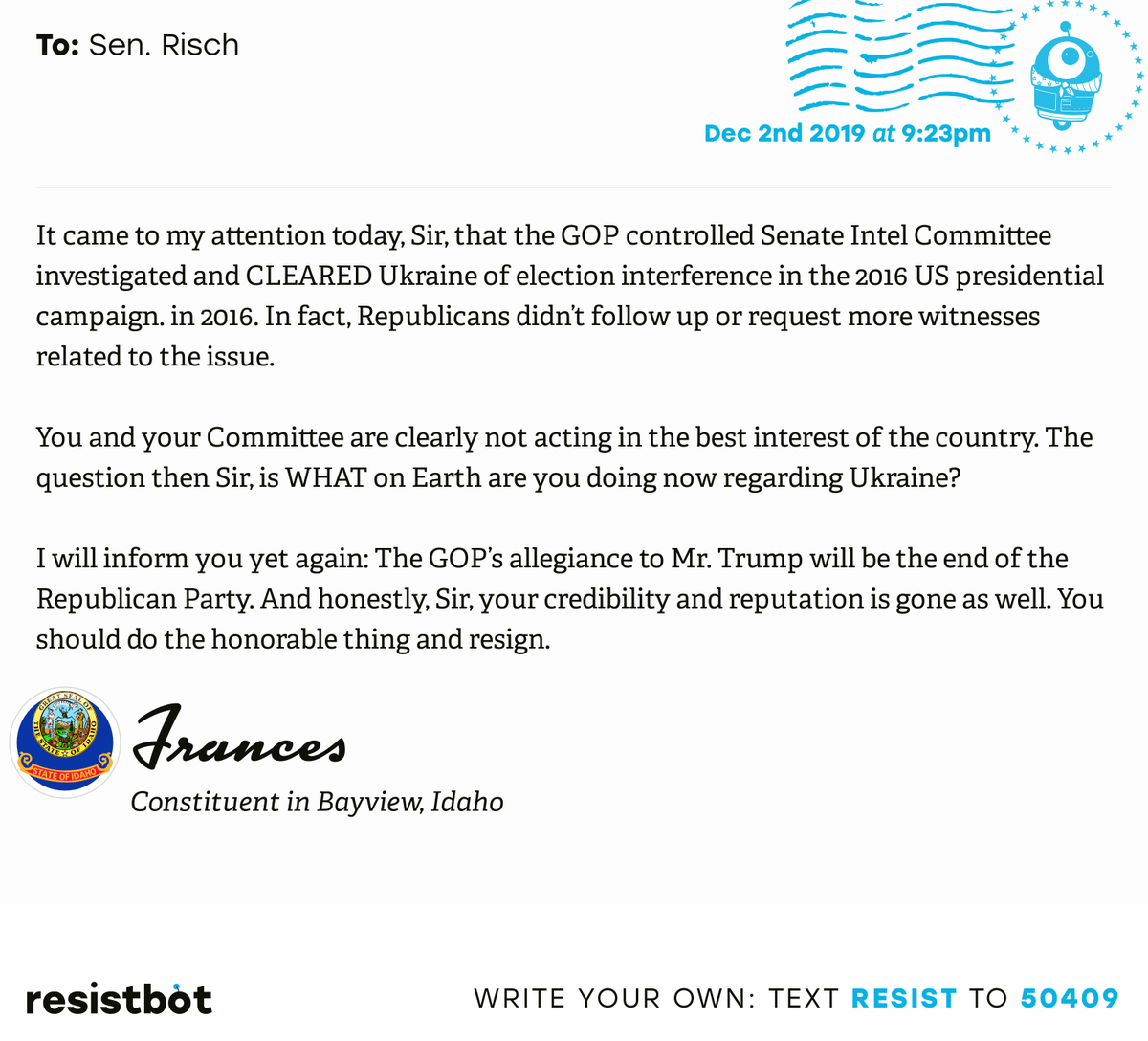 openletterbot's tweet photo. I just delivered this letter from Frances in Bayview, Idaho to @SenatorRisch #IDpols #IDpolitics #Resistbot https://t.co/omjhzmkxUH