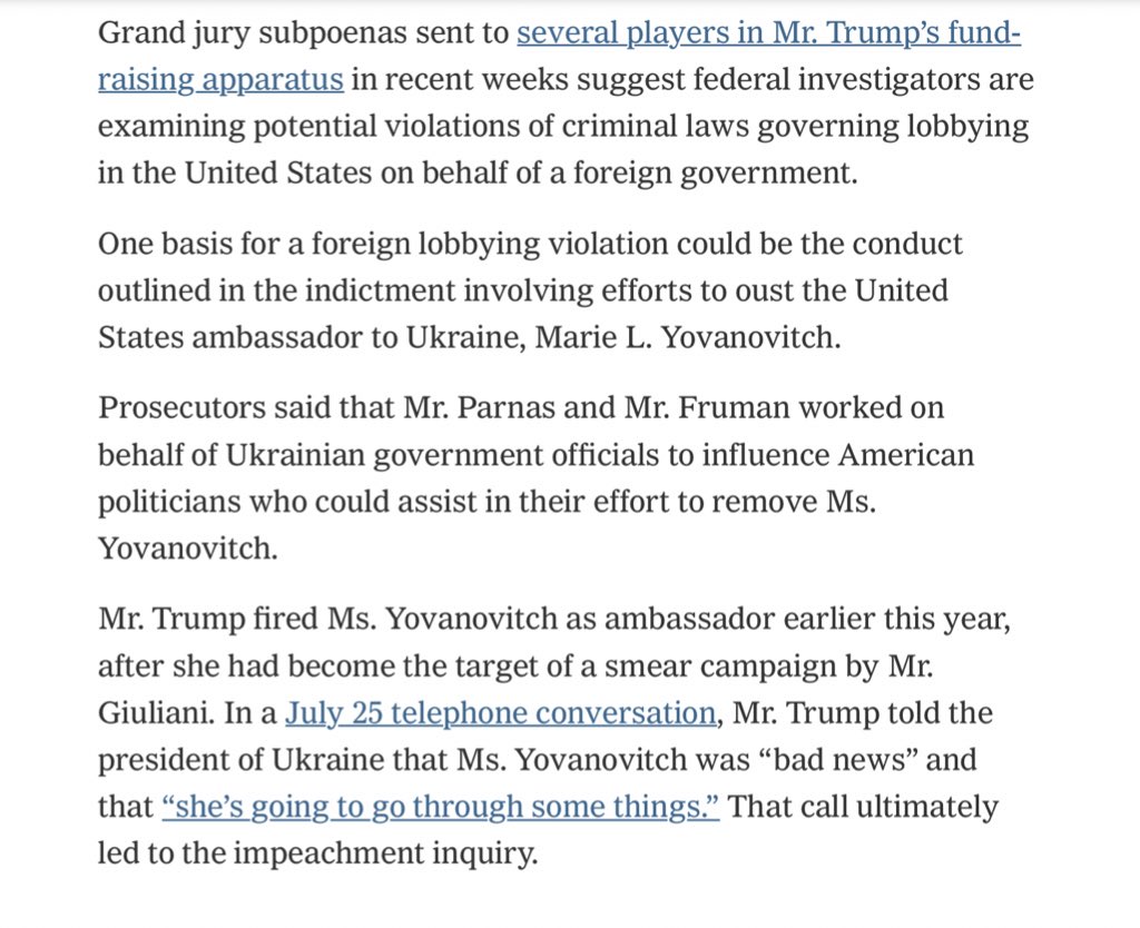 Enough editorializing!It’s back to the Gray Lady & FARA — which is bigly my hobby horse, and Mueller’s too, it seems — is mentioned. “Federal investigators are examining potential violations of criminal laws governing lobbying in the United States on behalf of a foreign govt.