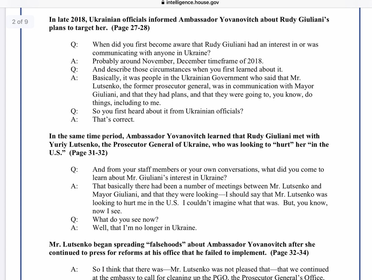 Let’s just pause to honor a woman who embodies the very best of American values — Marie Yovanovitch — a consumate foreign affairs professional. Here is an excerpt from her testimony. https://intelligence.house.gov/uploadedfiles/20191104_-_yovanovitch_transcript_excerpts_final.pdf