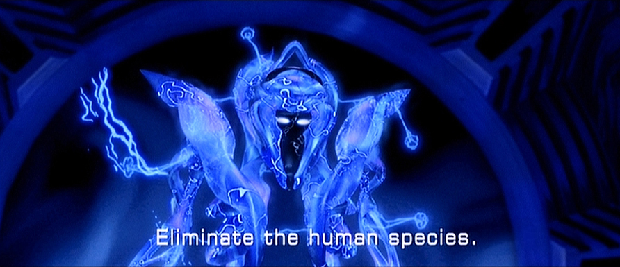 Drej Queen in Titan AE ordering them to "Eliminate The Human Species."