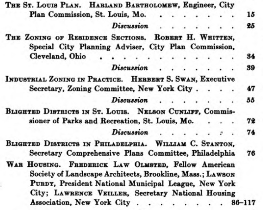 The greats are all here. Harland Bartholomew didn't have to travel far. I didn't know famous segregationist Robert H. Whitten wrote up Cleveland's zoning. That's a big red flag Cleveland. Frederick Law Olmsted, father of landscape architecture is here, plus Herbert Swan from NYC.