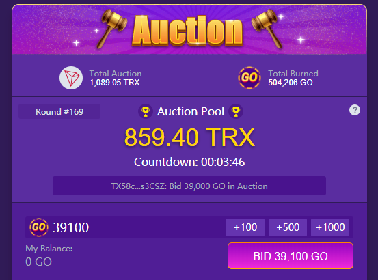 Don't miss 860 $TRX of AUCTION!
💰Bid GO token and get HUGE #TRX reward!
⚖️Absolute fairness丨🤑Rewards for Top 3丨😬50% refunds if fail
Auction Now： trongo.io