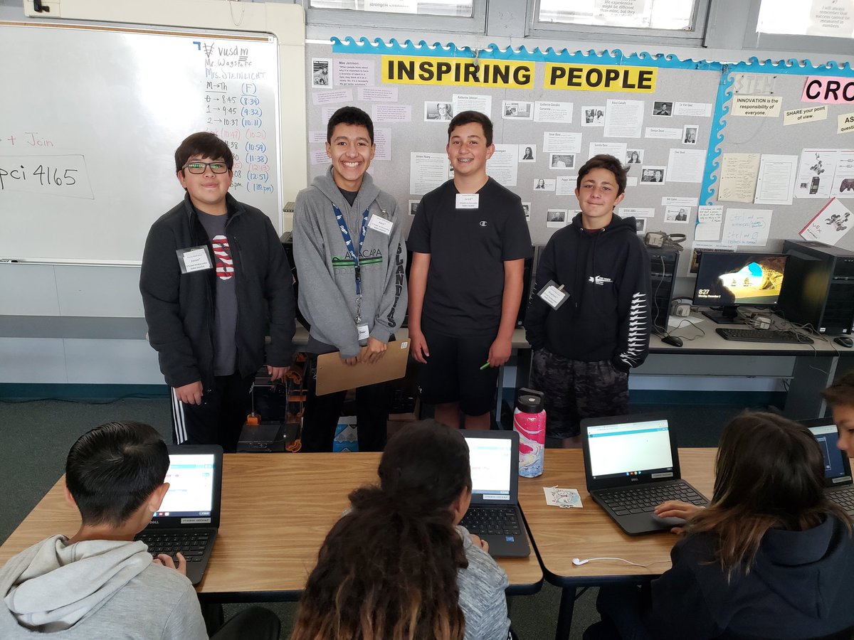 AnacapaSTEAM's tweet photo. Computer Science Week 2019 Day 1: 40 AMS Code Warriors taught 409 of their fellow peers an Hour of Code. Over 75% of our mentors are bilingual and taught in Arabic, English, &amp; Spanish. Amazing opportunities for language, culture, &amp; community. #HourofCode #VUSDstrong #AnacapaMS https://t.co/5FBSLgHYiU