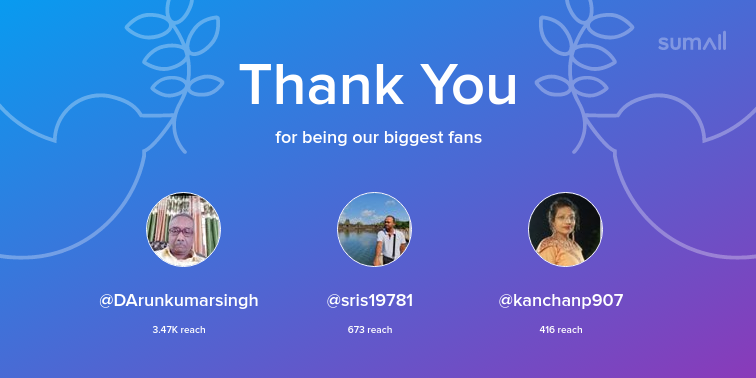 Our biggest fans this week: DArunkumarsingh, sris19781, kanchanp907. Thank you! via sumall.com/thankyou?utm_s…