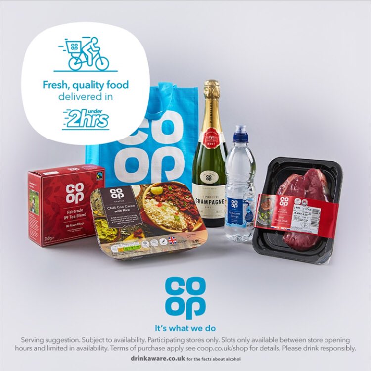 Stay indoors, get online and we’ll deliver fresh food within two hours. 
Free delivery when you spend £15 or more, limited time only, T&amp;Cs apply @MCaselyHayford <a href="/coopuk/">Co-op</a> <a href="/PeterBatt3/">Peter Batt</a> <a href="/JasonPerry_Coop/">Jason Perry</a> <a href="/ChelwestFT/">Chelsea and Westminster Hospital</a> <a href="/cwpluscharity/">CW+ charity</a> <a href="/CFCFoundation/">Chelsea Foundation</a>