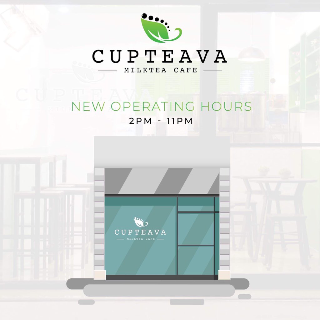 cupteava's tweet photo. Happy Tuesday! We would just like to announce that we'll be adjusting our store hours to 2 pm - 11 pm starting today. 💕

📌 2459 Tolentino St. Pasay City

🕙 Open every Mondays to Saturdays from 2pm to 11pm

🚚 Delivery through Food Panda 

#Cupteava #CupteavaMilkteaCafe https://t.co/petW57zVAh