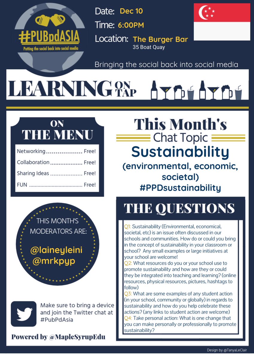 BЯΛDY CLiNE, EdD (@becline) on Twitter photo #PubPdAsia is back for our last event of the year in Singapore. New location: Burger Bar at Clark Quay. 6pm. Join us for drinks and a great conversation about sustainability. <a href="/JayThompsonEdu/">Jay Thompson</a> <a href="/clos_gm/">Carlos Galvez</a> <a href="/mattives_/">Matt Ives</a> #PubPdAsia is back for our last event of the year in Singapore. New location: Burger Bar at Clark Quay. 6pm. Join us for drinks and a great conversation about sustainability. <a href="/JayThompsonEdu/">Jay Thompson</a> <a href="/clos_gm/">Carlos Galvez</a> <a href="/mattives_/">Matt Ives</a>