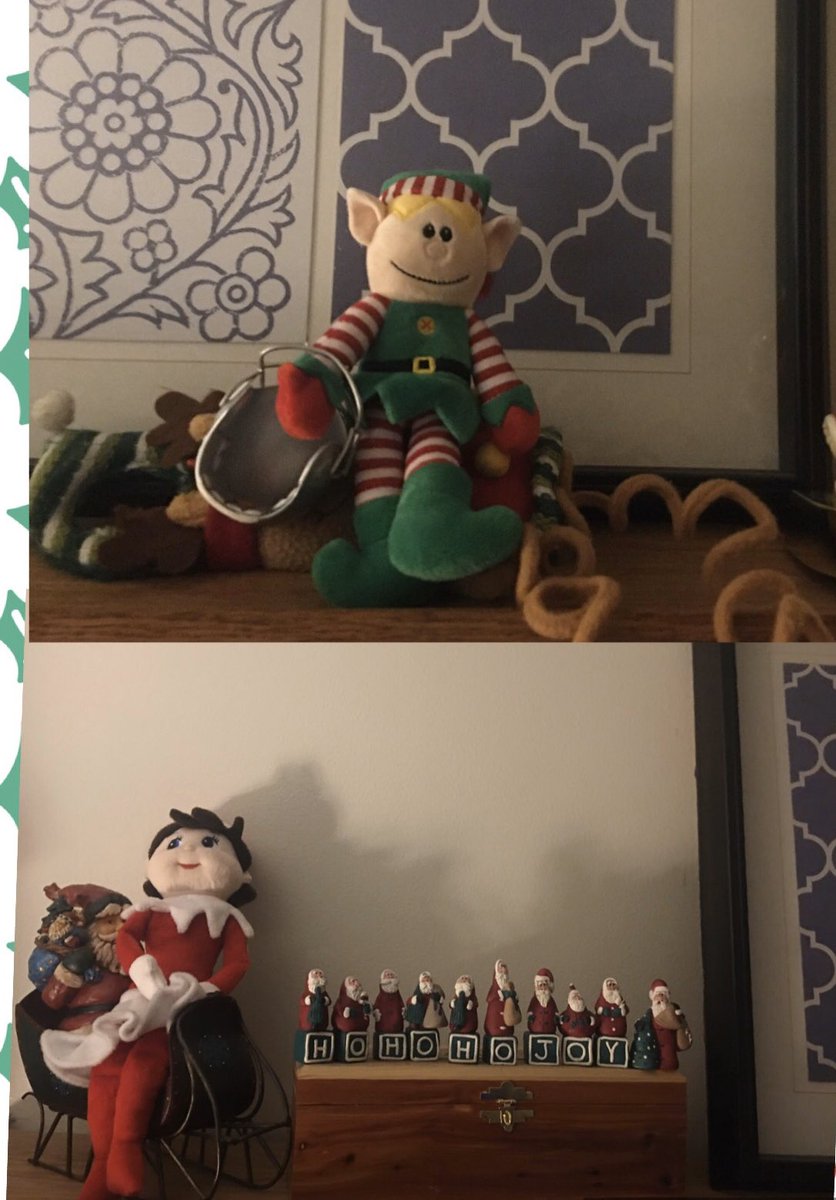 bearsandbarrels's tweet photo. I promise not to take pictures of our elves every night, but my kid named our boy elf Myles a few years ago and tonight I noticed that Myles had magically appeared atop poor Rudolph... while sweet Samantha looks on in hidden disgust #pittsburghstartedit #battleoftheafcnorthpole https://t.co/S6Zj53UZYF