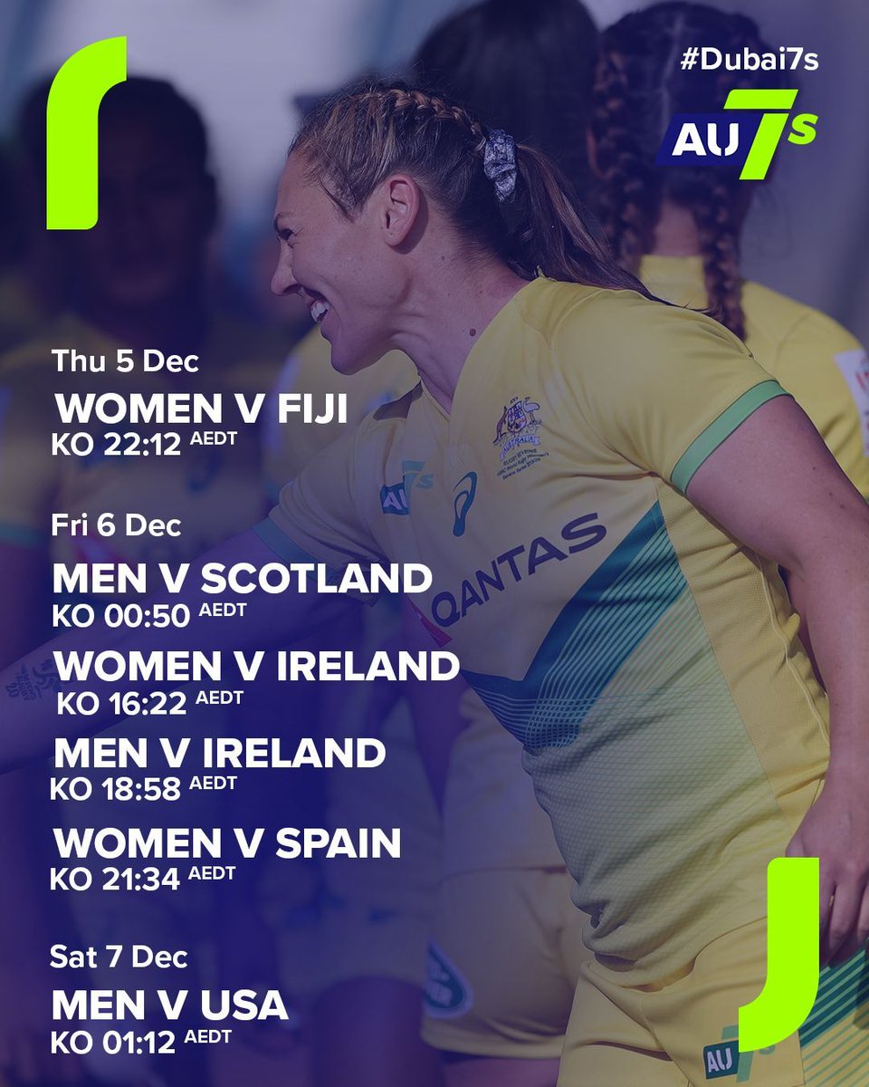 ⏰ Set your alarms! Here are the pool game times for our #Aussie7s men and women out at #Dubai7s, starting this Thursday evening. 

📺 Watch ALL men's and women's games live on <a href="/FOXSportsAUS/">FOXSportsAUS</a> (ch. 506) and <a href="/kayosports/">Kayo Sports</a>