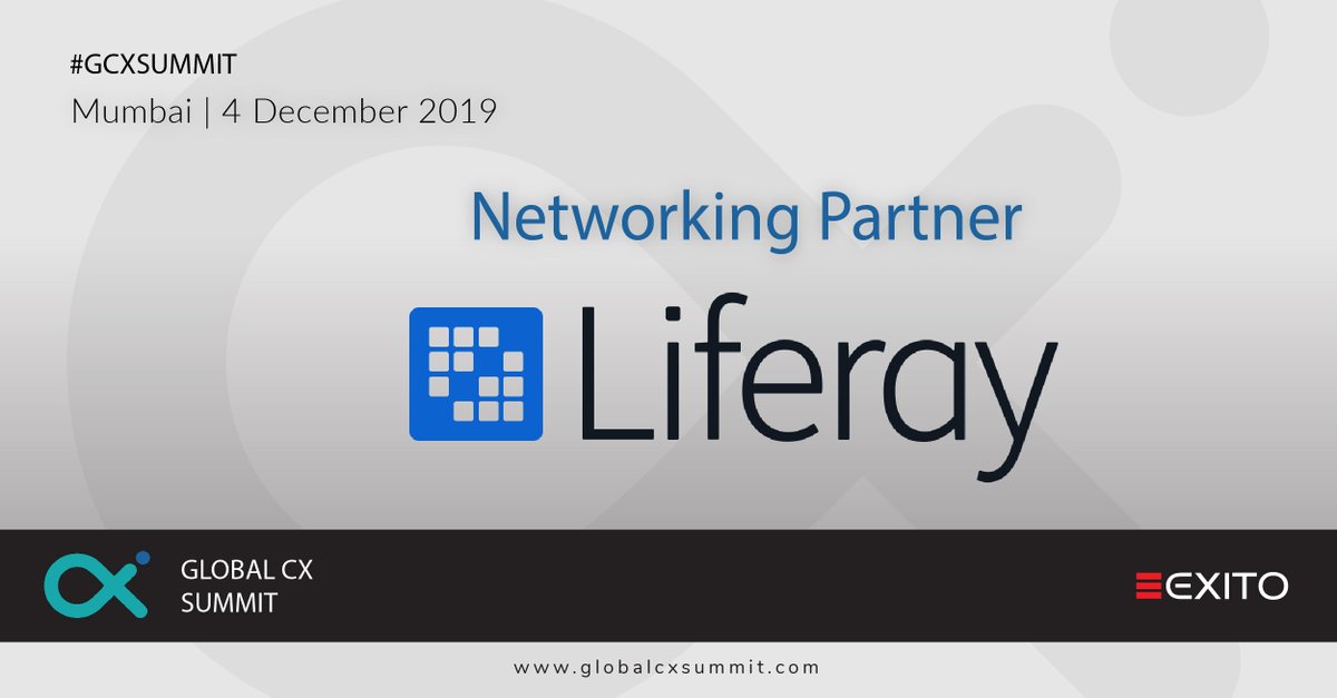 Exito is proud to associate with <a href="/Liferay/">Liferay</a> as Networking Partner for the #GlobalCXSummit taking place at #Mumbai on 4th Dec 2019.

Meet them at globalcxsummit.com

Event by: <a href="/ExitoEvents/">Exito Events</a> 

#exito #exitoevents #gcxsummit #Liferay #digitaltransformation #partner #announcement