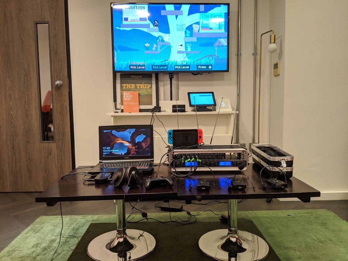 GamersLunchtime's tweet photo. What do you think of our Gaming setup at work? #playingatwork #lunchtimegamers #youtubegamer #switch #ultimatechickenhorse #gamingsetup #switch https://t.co/UQIPZR2MnA