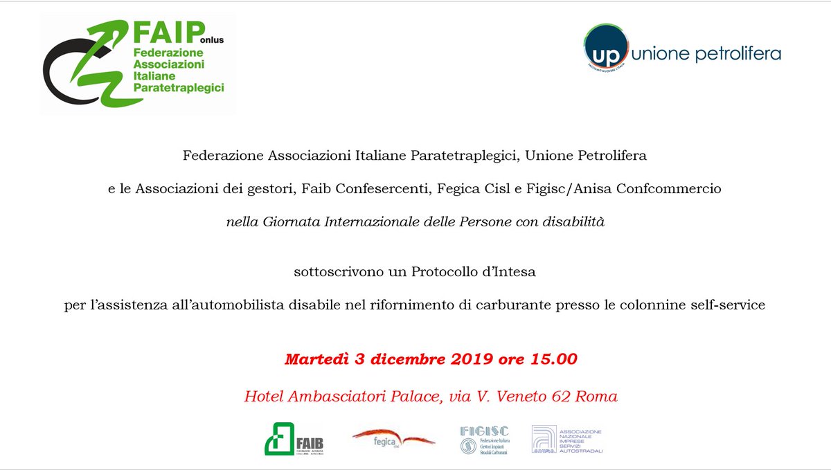 unem_it's tweet image. Oggi per la  #Giornatainternazionaledisabilità alle 15 firmiamo il protocollo con #FAIP, @FaibNazionale, @FegicaCisl, @figisc, #Anisa, per garantire a #automobilisti #disabili assistenza per #rifornimento anche alle colonnine #self degli impianti contrassegnati da apposito logo