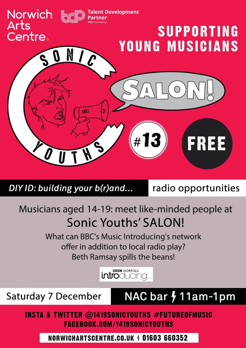 1419SonicYouths's tweet image. #opportunities Big-ups to @YN_AF for their shout-out re our v6.12 #showcase at 1pm on Saturday at @NorwichArtCentr! Also, at 11am, it's our #freeentry SALON! for 14-19 YOs, when @bbcintronorfolk's @betheveramsay chats all things radio opportunities norwichartscentre.co.uk/events/sonic-y…