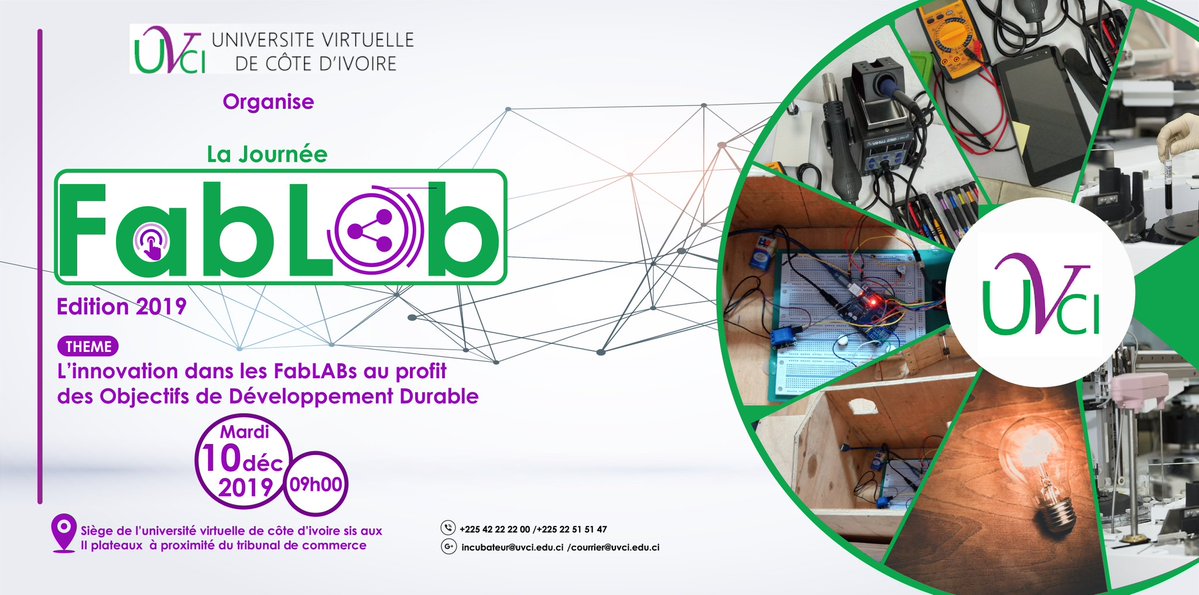 uvciv's tweet photo. #civedu L'@uvciv organise le 10/12/2019 la #JourneeFabLab. Objectif: créer un cadre d’échange et de partage entre les étudiants, les centres d’incubation, FabLab, structures... et tous les acteurs qui œuvrent en faveur du numérique et de l’innovation en Côte d’Ivoire. #FabLab https://t.co/l4WF38jCqf