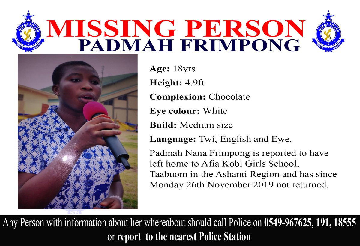 GhPoliceService's tweet image. Missing Person: Anyone with information on the whereabouts of Ms. Padmah Nana Frimpong should contact the nearest Police Station or call the numbers provided on the image below